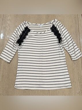 Bar III Black & White Striped Lace-Shoulder Long Sleeve Top